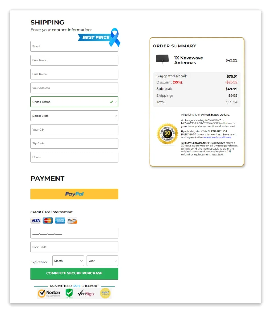 Novawave Checkout Page